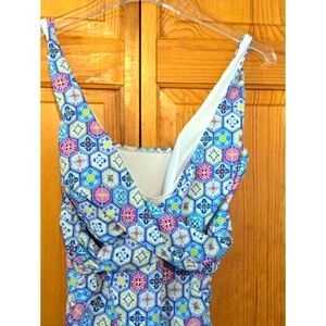 Bal Barbour Womens Swimsuit‎ 14 One Piece V Neck, Blue & White Geometric